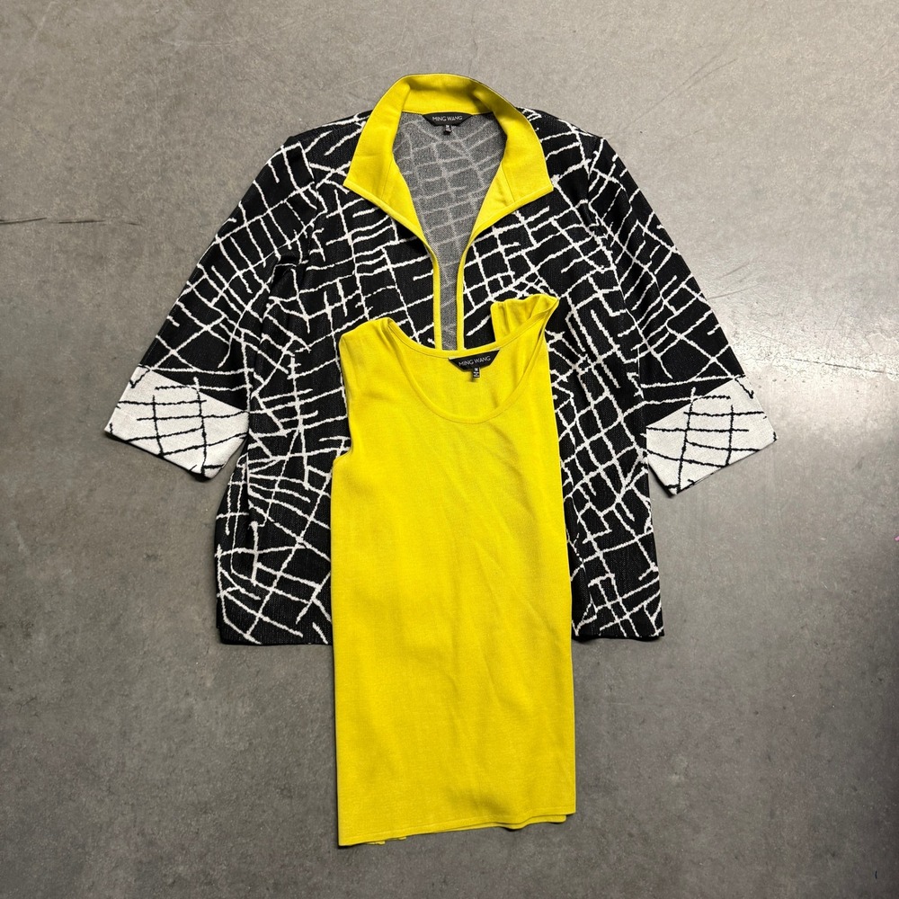Ming Wang 2pc Knit Set Cardigan Tank Black White Yellow Abstract Grid Plus 1X